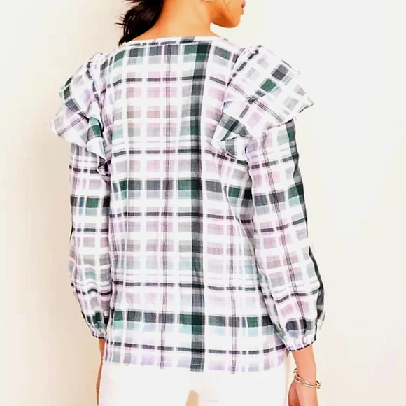 NWT Ann Taylor Cotton Plaid Ruffle Sleeve Top, Size S - Picture 2 of 9
